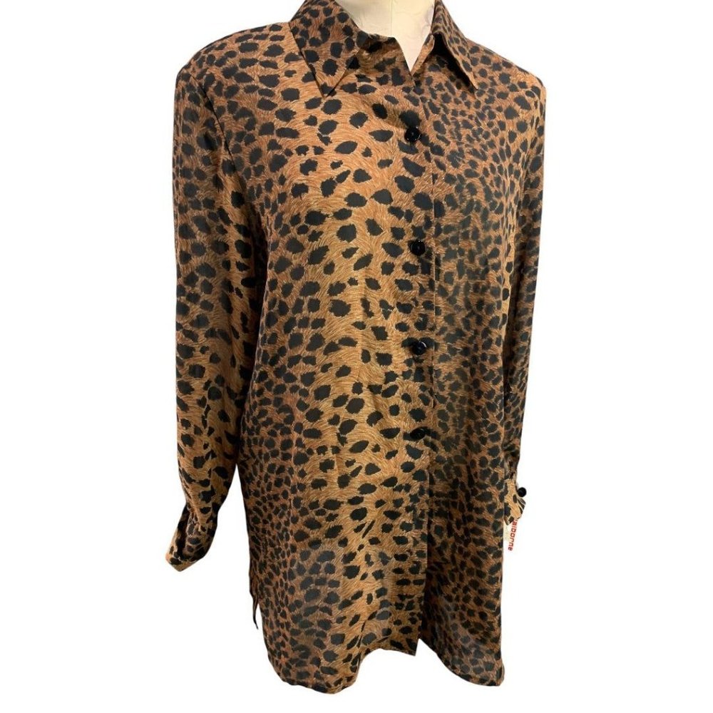 Small Liz Claiborne Collection New Animal Print Vintage 1990s Sheer Button Up Bl